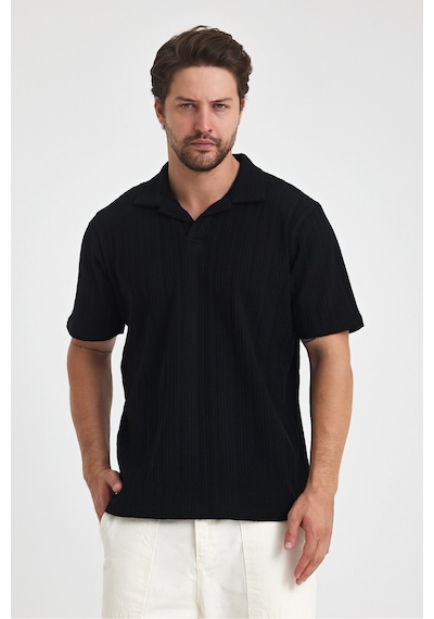 Tarz Cool Erkek Jakarlı Baklava Desenli %100 Pamuk Polo Yaka T-shirt Siyah