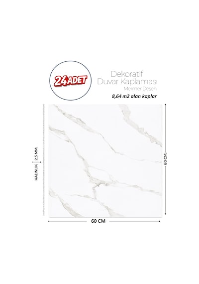 60x60 Cm Kendinden Yapışkanlı Duvar,banyo,tezgah Arası Beyaz Mermer-24 Adet 1091-60-24