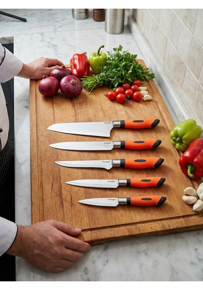 Chefline 5 Parça Turuncu Mutfak Bıçak Seti + 6lı Meyve Bıçağı Hediyeli Paslanmaz Çelik Turuncu