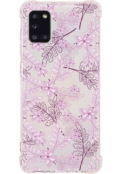 Samsung Galaxy A31 Uyumlu Köşe Korumalı Antişok Kapak Floral Pudra Tasarımlı Şeffaf Kılıf