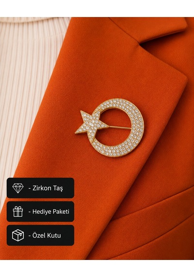 Hediye Gold Ay Yıldız Taşlı Kadın Broş Premium Rozet Aksesuar Açık Gri