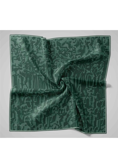 Silk Home Twill İpek Eşarp Koyu Yeşil Patina Su Yeşili Desenli Tok Duruşlu 90x90 Çok Renkli