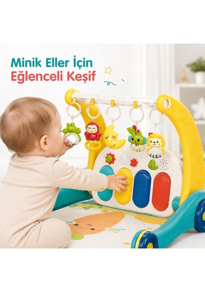 Piyanolu 2'si 1 Arada Bebek Yürüteci Ve Tavşan Desenli Mavi Oyun Halısı, Müzikli Aktivite Oyuncağı Bıb-6015