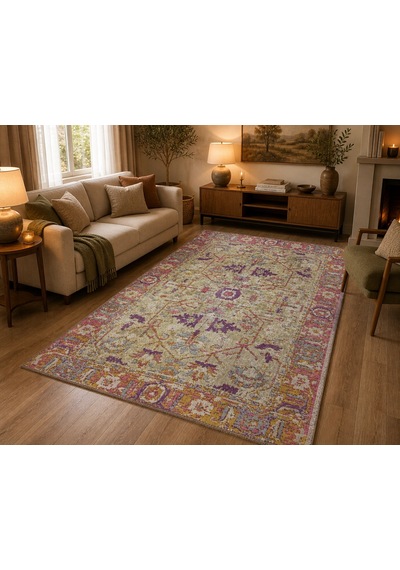 Hoom Rugs Arkaik Plz 04 Eflatun Etnik Renkli Vintage Makine Halısı Çok Renkli
