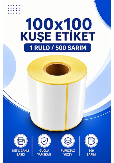 100x100mm Kuşe Etiket 1 Rulo 500 Sarım Parlak Yüzey Kargo, Lojistik, Depo Termal Transfer