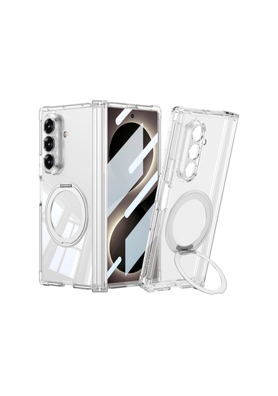 Samsung Galaxy Uyumlu Z Fold 8 Ultra Kılıf M-safe Şarj Özellikli Zore Kıpta Kpt-09 Ring Standlı Şeffaf Sert Pc Kapa