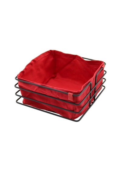 Kare Siyah Metal Kırmızı Bezli Ekmek Sepeti 20x21cm Derinlik 10.5cm