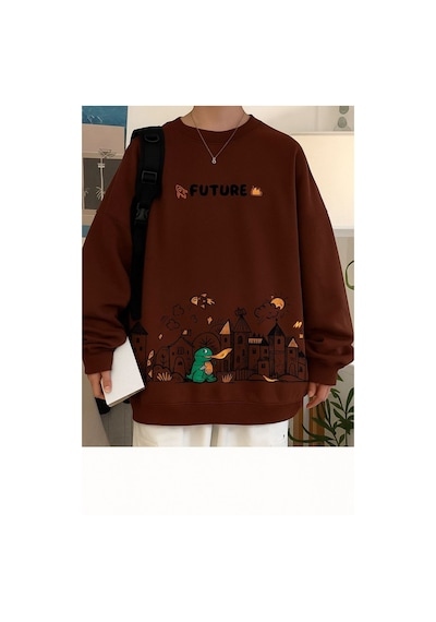 Benroma 3 İplik Penye Future Baskılı Unisex Sweatshırt Kahverengi