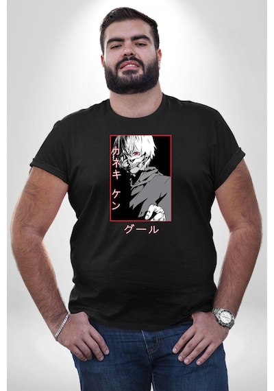 Angemiel Kaneki Ken Kuma Japon Anime Şeytan Siyah Büyük Beden Erkek Kadın Unisex Basic Ön Baskılı Tişört Siyah