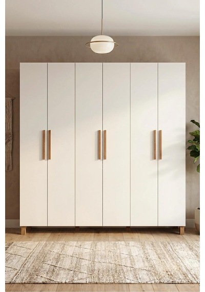 Robin Home Maya 6 Kapaklı Gardırop Elbise Dolabı Ahşap Ayaklı Beyaz