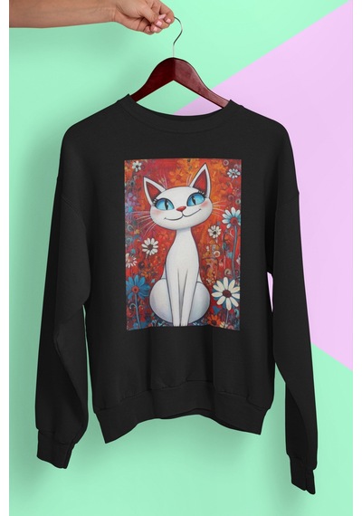 Magors Stıl-x Sevimli Kediler Baskılı Unısex Bisiklet Yaka Oversize Sweatshırt Siyah-6