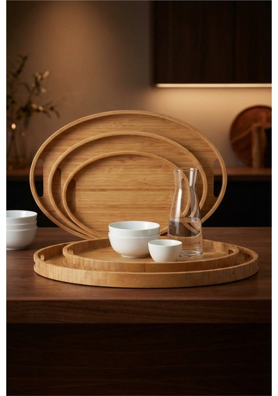 Makri Home Bambu Oval 3'lü Tepsi Seti. Küçük Tepsi: 20x29 Cm. Orta Tepsi: 26x36 Cm. Büyük Tepsi: 31x45 Cm Ahşap