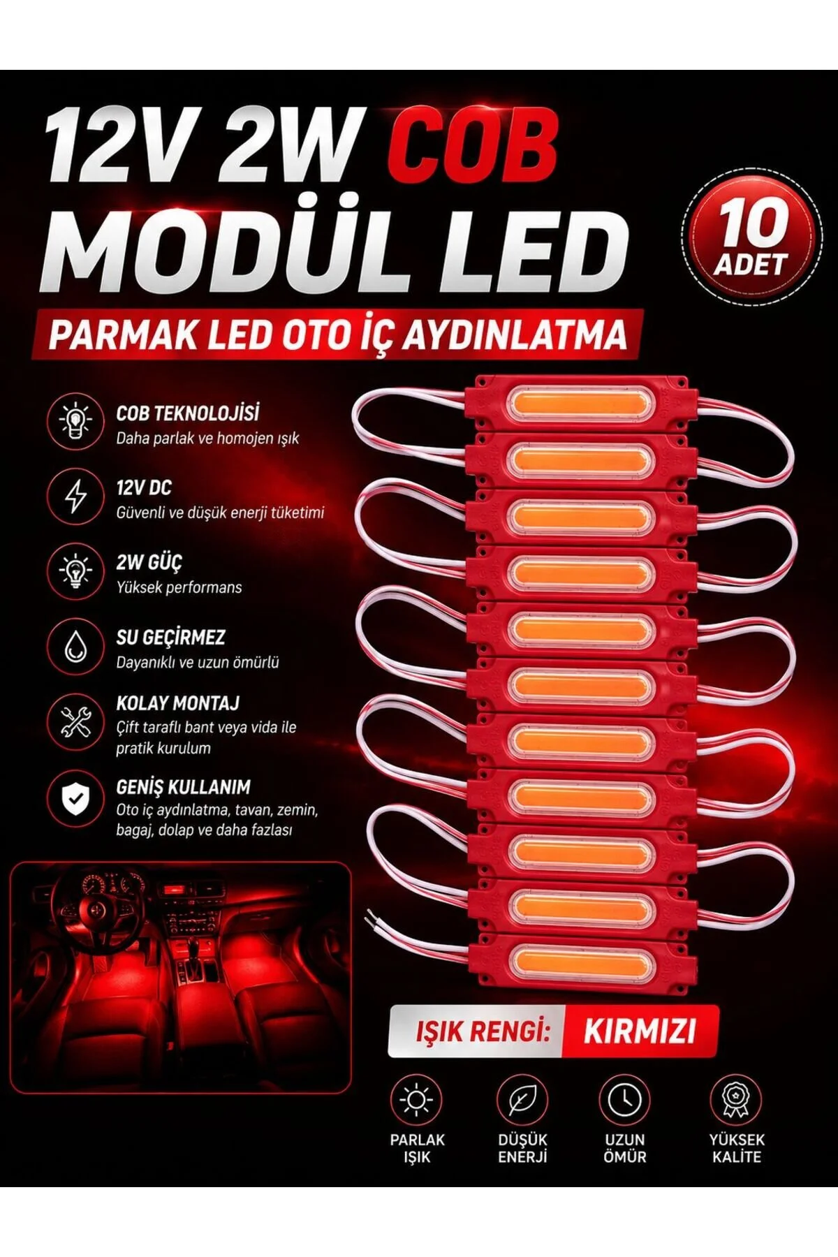 12v 2w Cob Modül Led Parmak Led Oto İç Aydınlatma Kırmızı