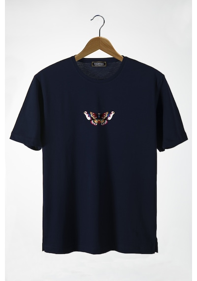Kadın Lacivert Bisiklet Yaka Önü Kelebek Baskılı Oversize T-shirt Lacivert