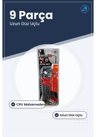 Metrik Uzun Düz Uçlu Alyan Anahtar Seti 9 Parça Crv Tamir Ve Mont