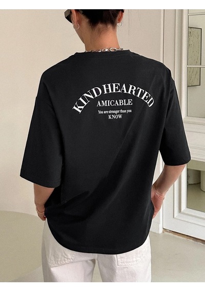 Flood Of Style Kadın Siyah Kind Hearted Baskılı Oversize T-shirt