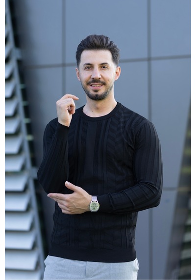 Hk Premium Fitilli Bisiklet Yaka Slim Fit Triko Kazak Siyah