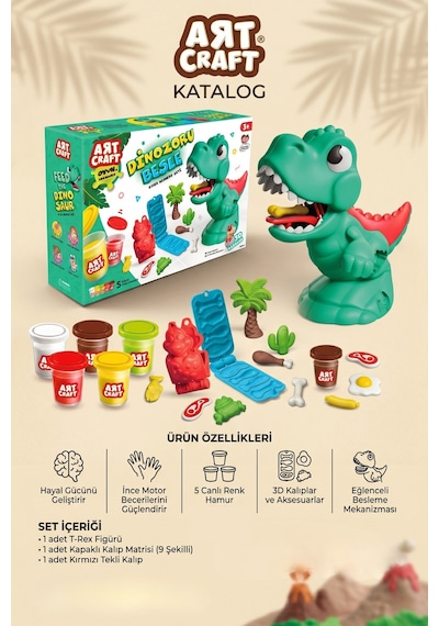 Art Craft Dinozoru Besle Oyun Hamuru Seti 5 Renk 3d Kalıplı Eğitici T-rex Oyuncak 3+ Yaş Çok Renkli