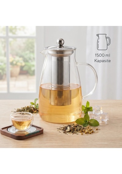 Özel Üretim Sağlıklı Yaşam Mutfak Kaliteli Detoks Sürahisi 1500 Ml Paslanmaz Çelik Filtre Cam