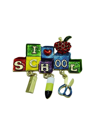 Okul Sevgisini Gösteren I Love School Bloklu Renkli Broş Renkli