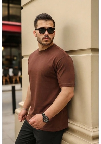Valensdesign Erkek Kolları Dar Kesim Rahat Kalıp Basic Tişört Kahverengi