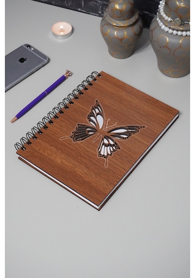 Kelebek Desenli Ahşap Defter - Ajanda - Çizgisiz Resim Defteri Ahşap Rengi Ceviz A5 Notebook