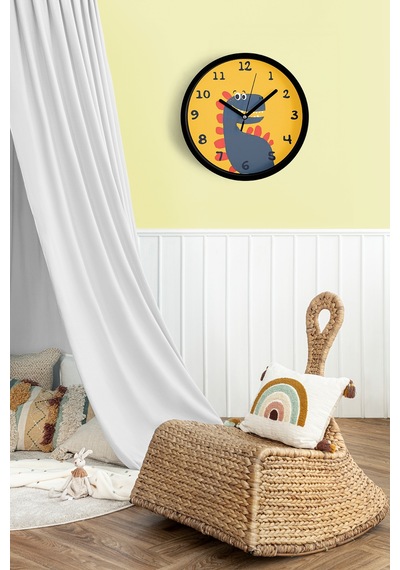 Sevimli Dinozor Çizimli Çocuk Odası Duvar Saati - 30cm - Önü Camlı Siyah Kasa - Sessiz Mekanizma-jh1057 Siyah