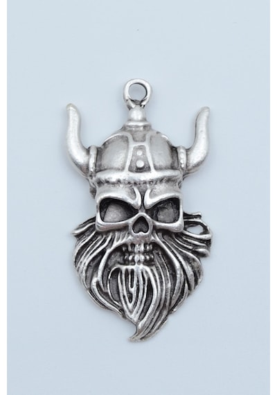 Viking Sakallı Kuru Kafa Gümüş Kaplama Kolye Ucu Kod 1348 Gri