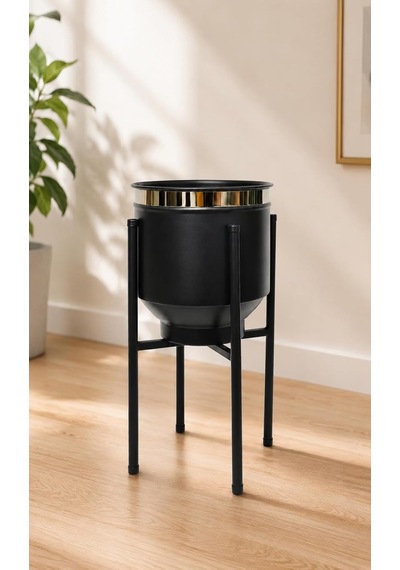 Ayaklı Metal Saksı Siyah Gold Detaylı Dekoratif Çiçeklik 41x21cm Diğer