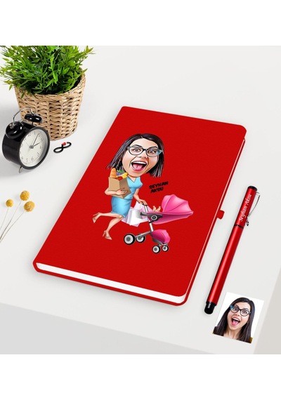 Kişiye Özel Ev Hanımı Anne Karikatürlü Kırmızı Defter Kalem Seti N11.1935 Kırmızı
