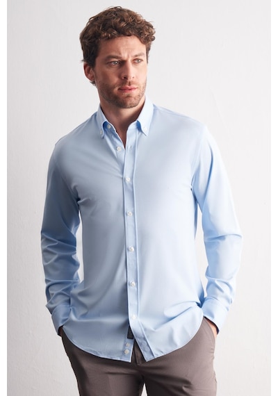 İmza Mavi Düğmeli Yaka Örme Uzun Kol Performans Ürün Slim Fit Esnek Gömlek 1004255270 Mavi