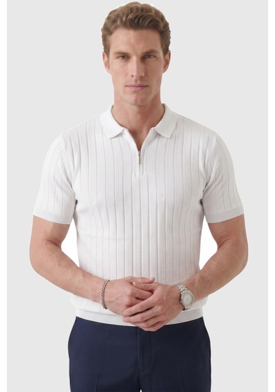 Rizzup Erkek Beyaz Polo Yaka Fermuarlı Çizgi Dokulu Regular Fit Likralı Triko Tişört 2608008