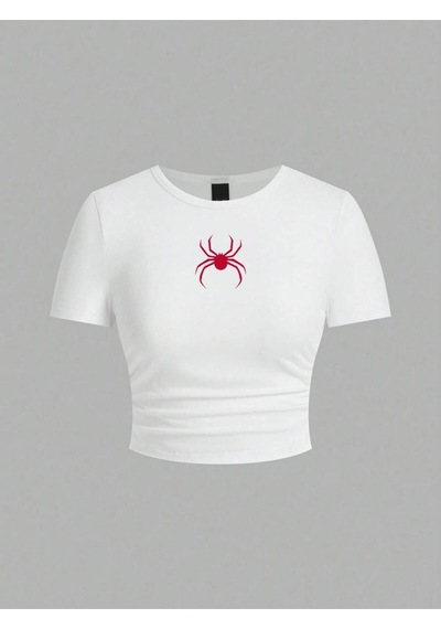 Noıssey Basit Kırmızı Örümcek Baskı Kırpma Üstleri Yaz Sokak Moda Kadın Slim-fit T-shirt Rahat Yumuşa Beyaz