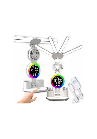 Multifonksiyonel 4 Başlıklı 3 Renk Ve Ton Ayarlı Masa Lambası Kalemlik Saat Takvim Sıcaklık Göstergesi Rgb Led Işıklı 3 Hız Kademeli Vantilatör Fan Telefon Tutucu