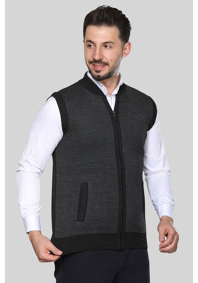 Kzc Tekstil Erkek Orta Yaş Ve Üzeri Triko Örgü Akrilik Kışlık Kalın Dokulu Fermuarlı Baba Yelek Gri