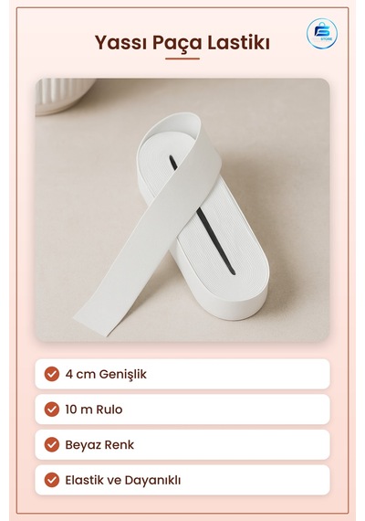 Yassı Paça Lastik Dekoratif Şerit 4 Cm Beyaz 10 M Rulo Dikiş Terz
