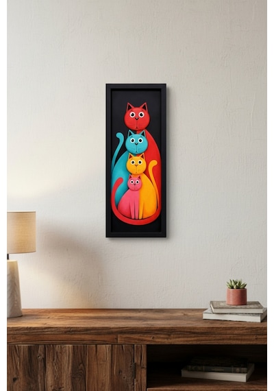 Modern Renkli Kedi Tablosu 25x60 Cm Çerçeveli Minimal Duvar Dekoru