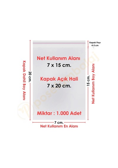 7x15+5 Cm. 7x20 1.000 Adet Şeffaf Bantlı Yapışkanlı Opp Poşet