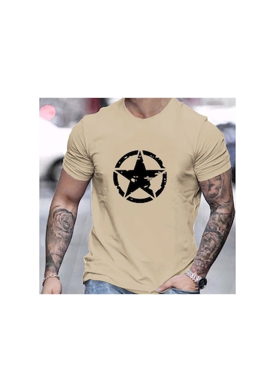 Caddemia Yaz Rahat Rahat Gevşek Büyük Boy Yıldız Logosu Grafik Baskılı Spor Yuvarlak Bej 2XL