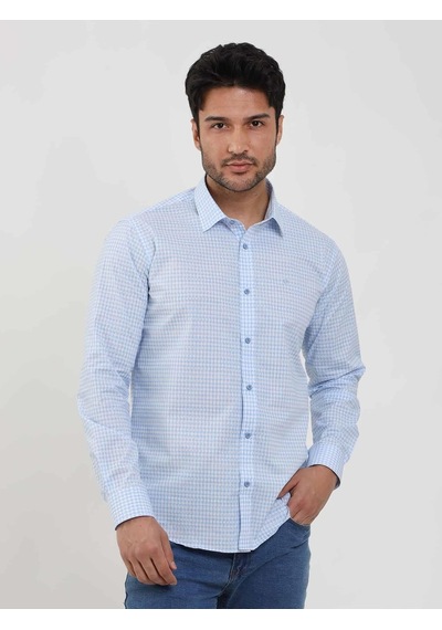 Dufy Mavi Erkek Slim Fit Kareli Brent Yaka Uzun Kol Gömlek - 102384-mavi Mavi