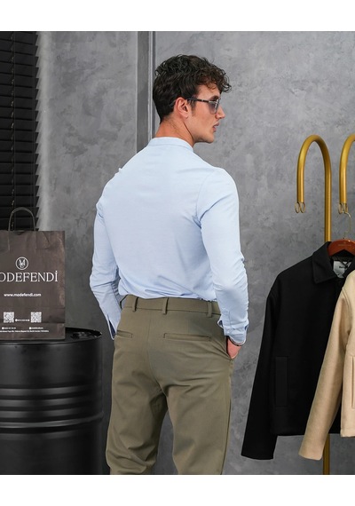 Modefendi %100 Pamuklu Slimfit Gizli Kanun Yaka Gömlek Mavi