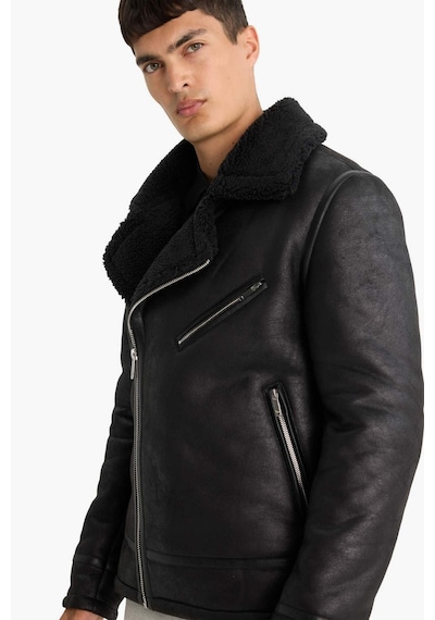 Defacto Slim Fit Dar Kesim Suni Kürk Astarlı Fermuarlı Cepli Süet Deri Kışlık Ceket Mont C5636ax25wnbk27 Siyah-bk27