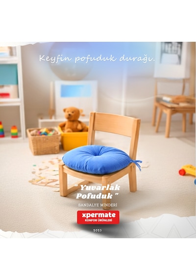 Pofuduk Yuvarlak Sandalye Minderi Mutfak, Balkon, Bahçe Dekoratif Oturma Minderi Yumuşak Dolgu Mavi