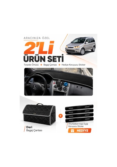 Honda Hr-v 1998-2005 Uyumlu Torpido Örtüsü + Deri Bagaj Çantası + Sticker Seti - Siyah Gri