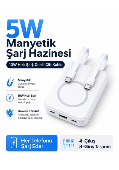 12.000mah 5w Mıknatıslı Powerbank Micro Type-c Şarjlı Hızlı Şarj Taşınabilir Standlı 4 Çıkış 3 Giriş 10w Hızlı Şarj Kablosuz Uyumlu Şarj Açık Gri