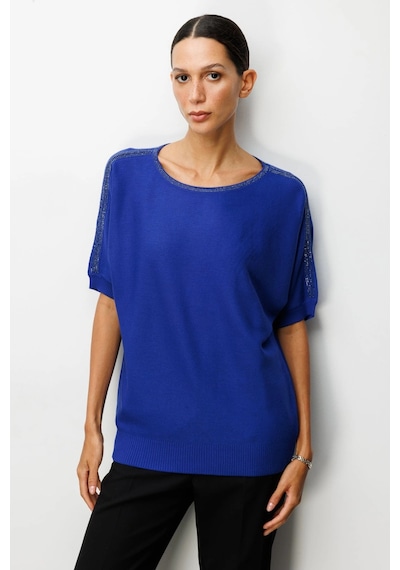 On Fashion Kadın Yakası Ve Kolları Taşlı Saks Mavisi Yarım Kol Kazak 65421 Saks Mavi