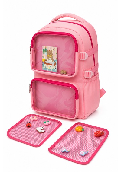 Quovo Kawaii Kore Tarzı Full Aksesuarlı Ortopedik Yerli Günlük Okul Sırt Çantası Pembe