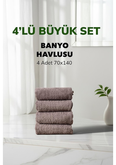 4 Lü Çizgili Gri Renk Yumuşak Pamuk Banyo Havlu Seti 70x140 Cm
