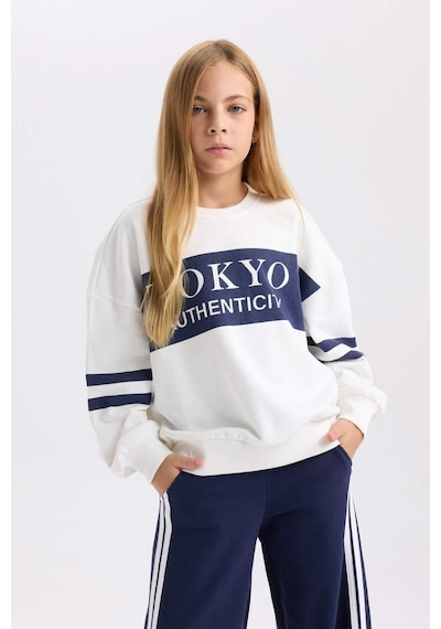 DeFacto Kız Çocuk Oversize Geniş Kalıp Bisiklet Yaka Baskılı Sweatshirt D3806A824WNNV241 Lacivert
