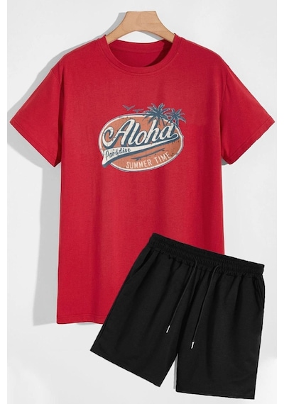 Uyguntarz Aloha Şort T-shirt Eşofman Takımı Kırmızı